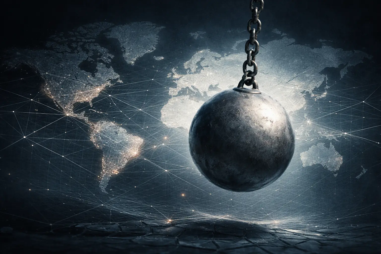 Imagen de una bola de demolición de grúa en dirección a un escenario que grafica el mapa del mundo.