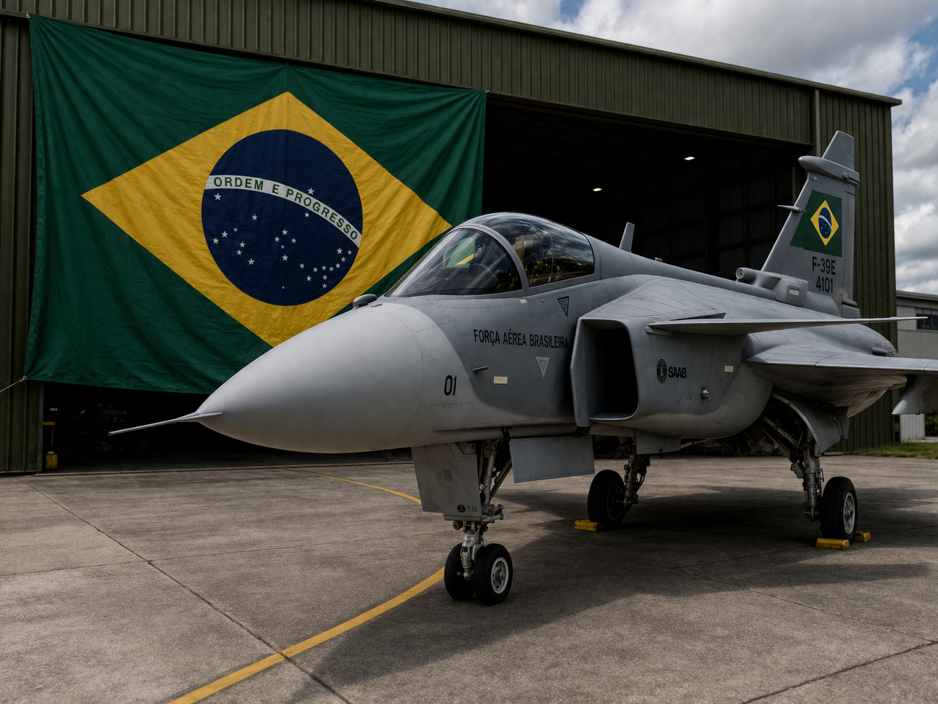 Gripen en Brasil: caza supersónico F-39 ensamblado en el país frente a un hangar industrial