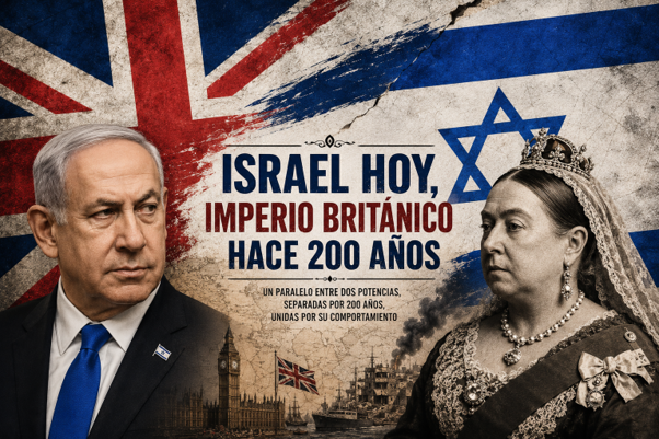 ortada del art&iacute;culo "Israel, el nuevo imperio brit&aacute;nico", con una corona imperial brit&aacute;nica frente al skyline de Jerusal&eacute;n y la bandera de Israel. En la parte inferior aparece la fotograf&iacute;a del autor, Brais Rodr&iacute;guez.
