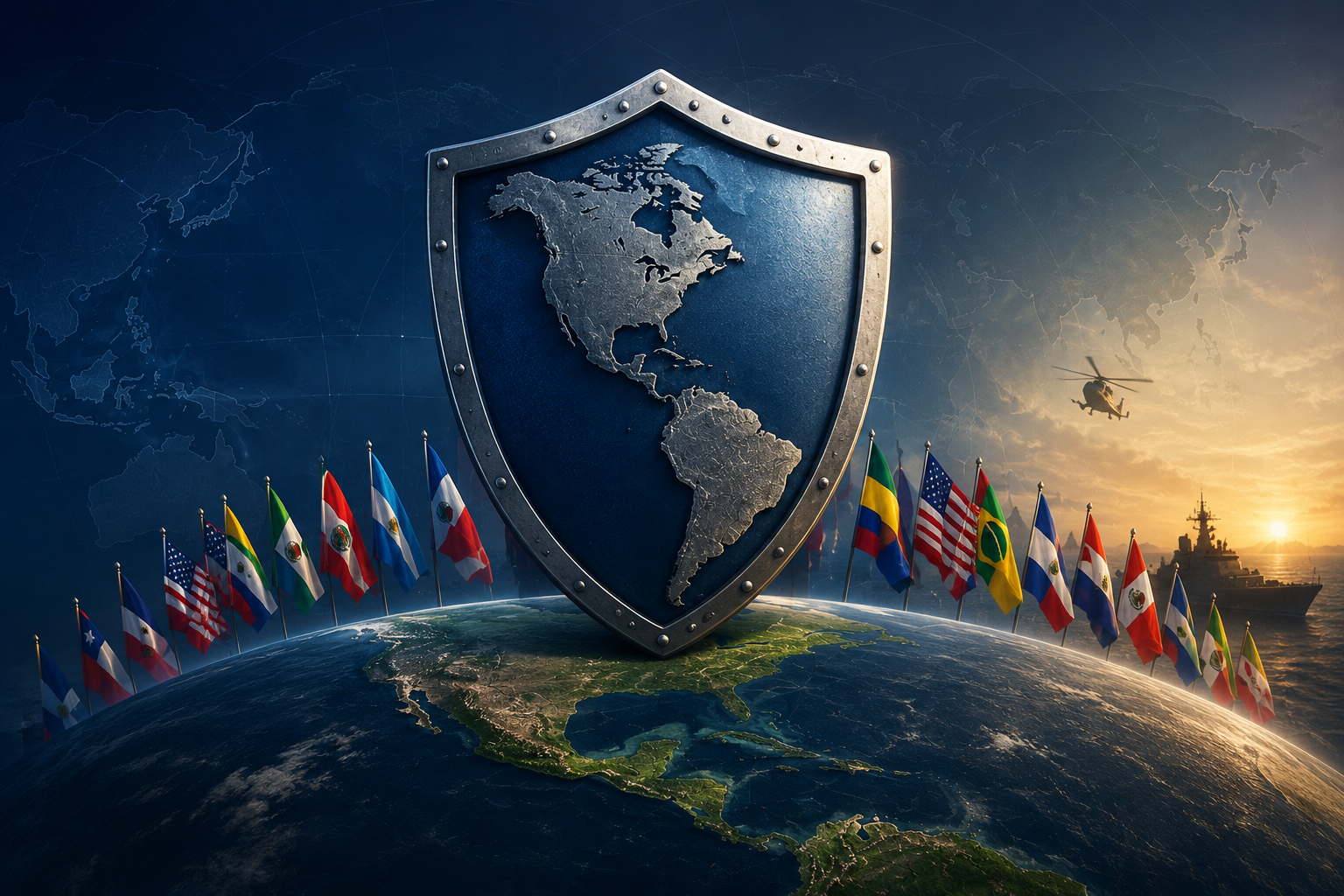 Representaci&oacute;n del continente americano vinculada al Escudo de las Am&eacute;ricas y la cooperaci&oacute;n en seguridad hemisf&eacute;rica.