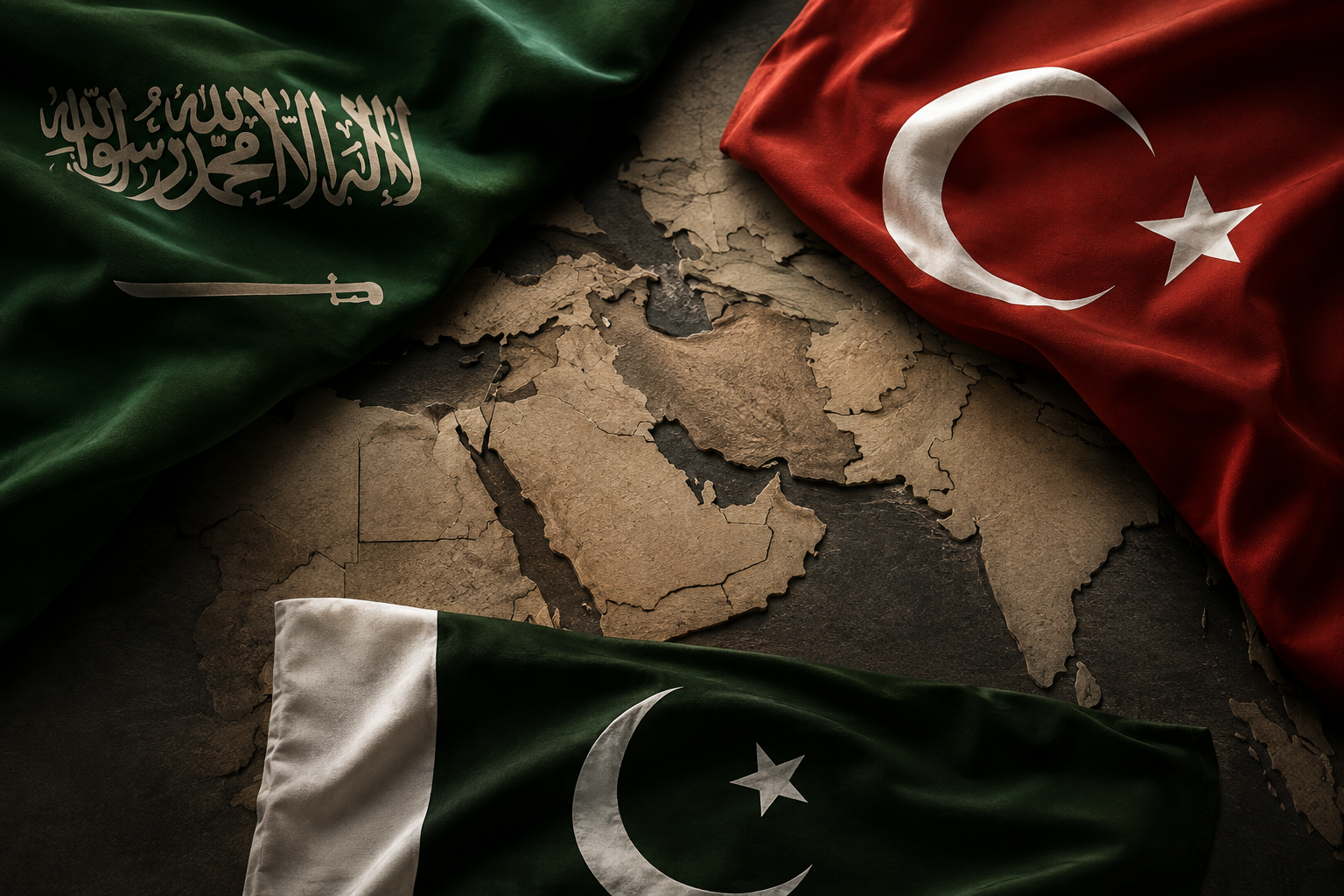 Banderas de Arabia Saudita, Turqu&iacute;a y Pakist&aacute;n sobre un mapa de Medio Oriente en referencia al Pacto de La Meca de 2026