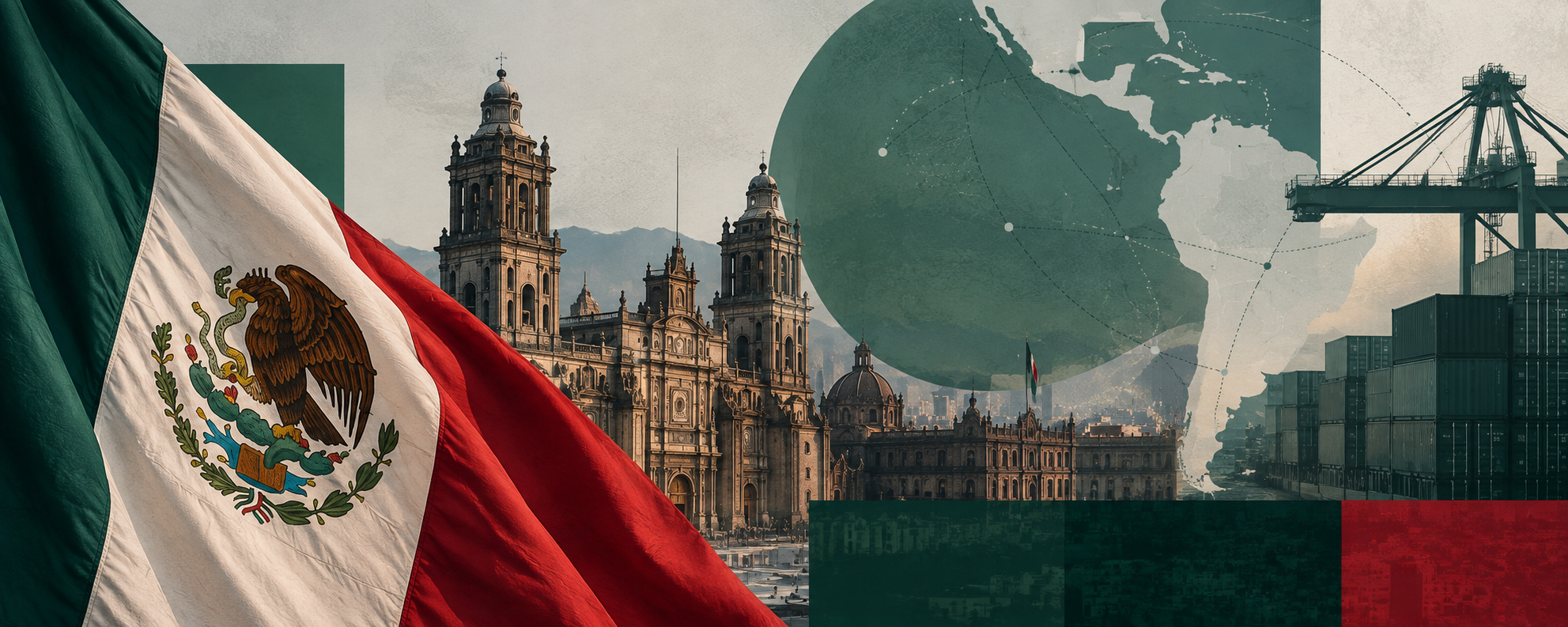 Bandera de México en una composición sobre su inserción internacional entre América del Norte, América Latina, Europa y Asia-Pacífico
