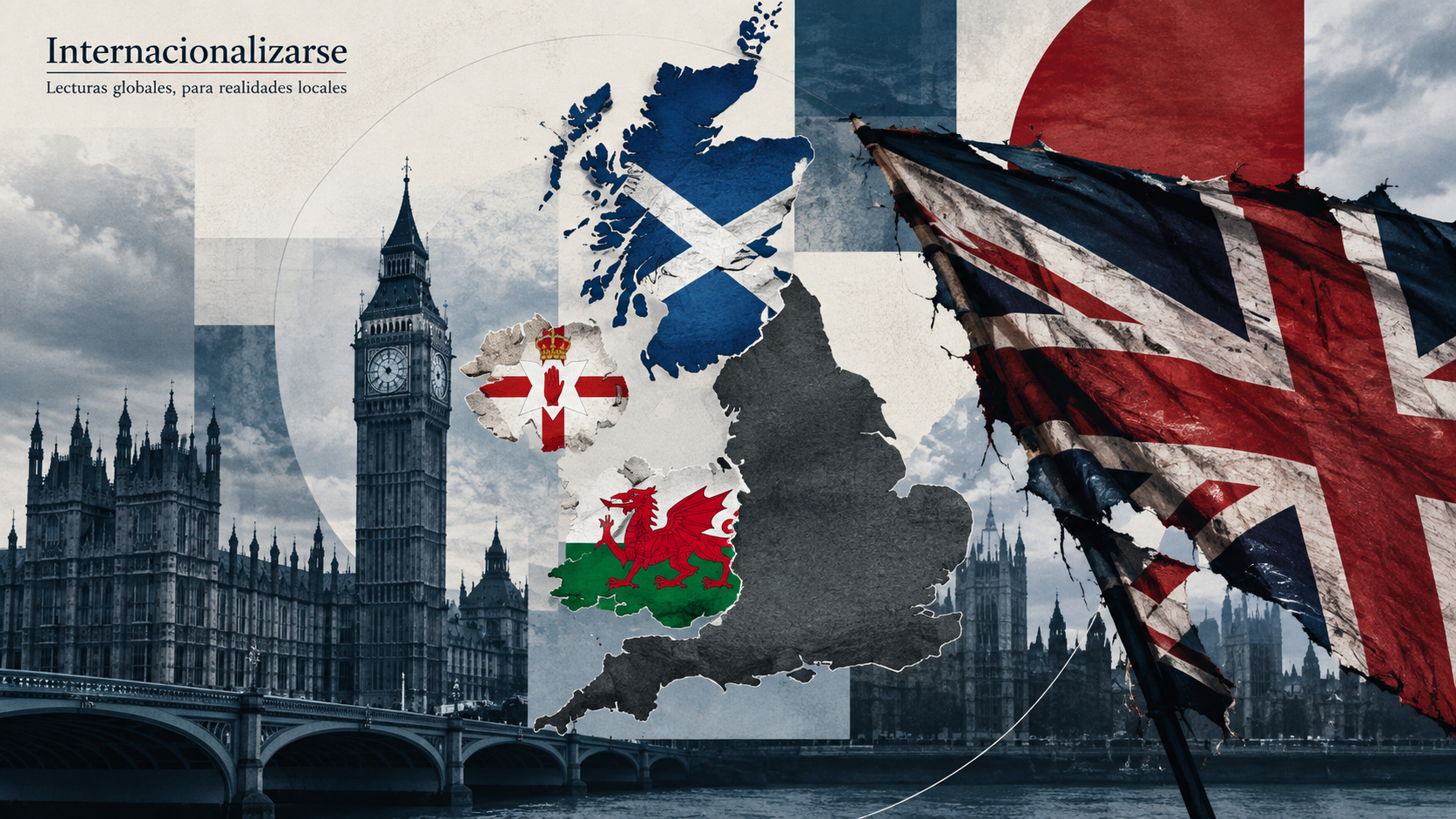 Banderas de Escocia, Gales e Irlanda junto a la Union Jack, en referencia al debate sobre el futuro constitucional del Reino Unido tras la cumbre de Cardiff de septiembre de 2026.