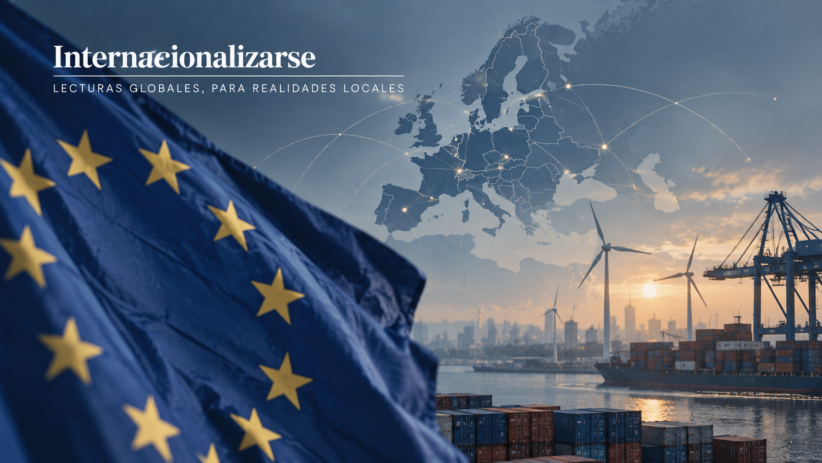 Banderas de la Unión Europea, con molinos de viento, puertos y ciudad de fondo, en transparente el mapa de Europa interconectado por puntos