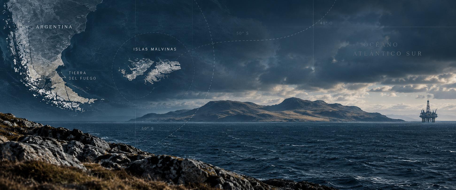 Mapa del Atl&aacute;ntico Sur con Argentina, Tierra del Fuego y las Islas Malvinas, junto a una plataforma petrolera que representa la disputa por soberan&iacute;a y recursos.