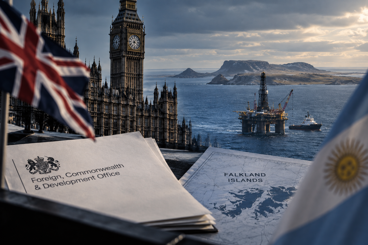 Vista del Atlántico Sur vinculada a la disputa entre Argentina y Reino Unido por las Islas Malvinas y el proyecto petrolero Sea Lion