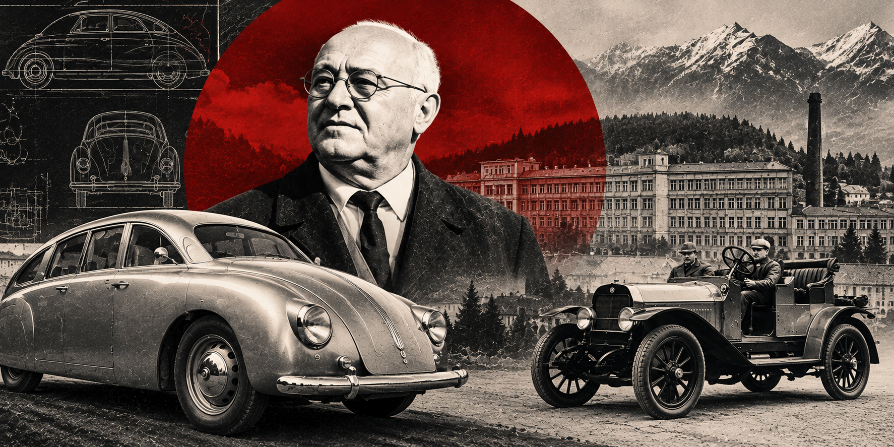 Retrato de Ledwinka y automóvil Tatra